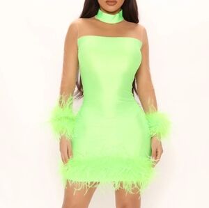 Fashion Nova Neon Green Feather Trim Mini Dress